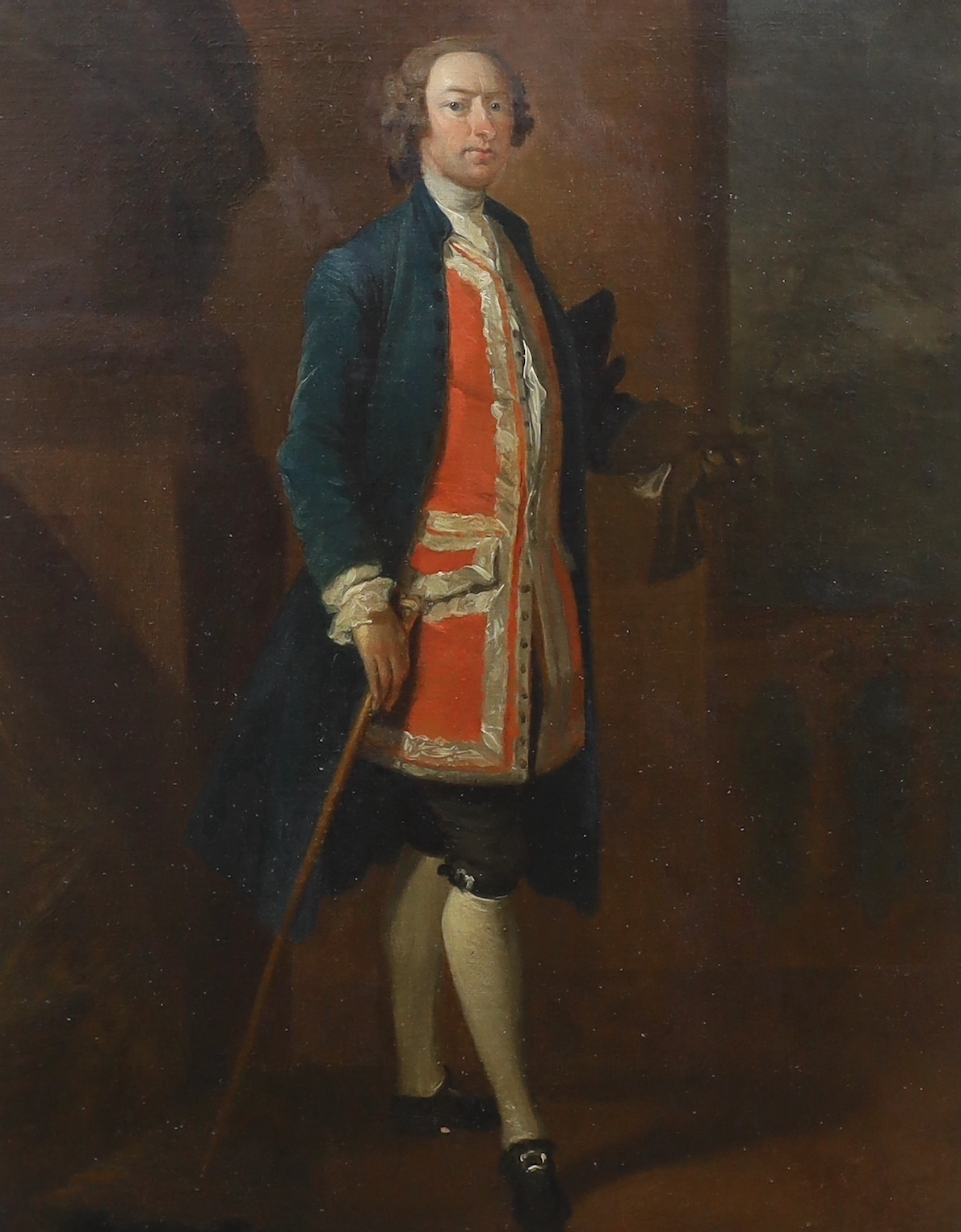 Circle of Arthur Devis (British, 1712-1787), Full length portrait of a gentleman, standing holding a cane, oil on canvas, 42 x 33cm